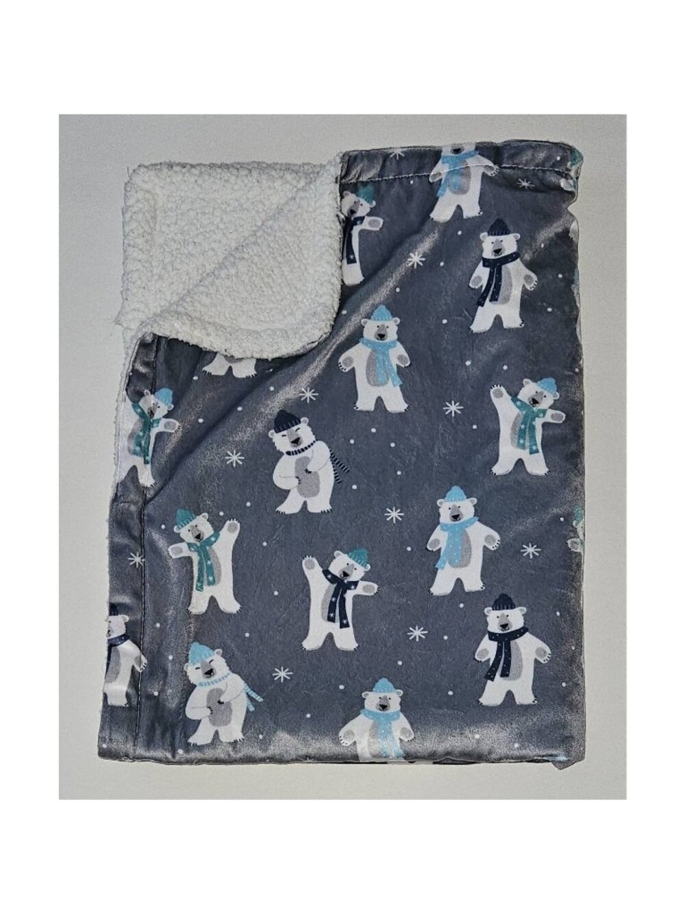 Nojo Polar Bears in Scarves Gray Fleece Baby Blanket White Sherpa Snow 30x39